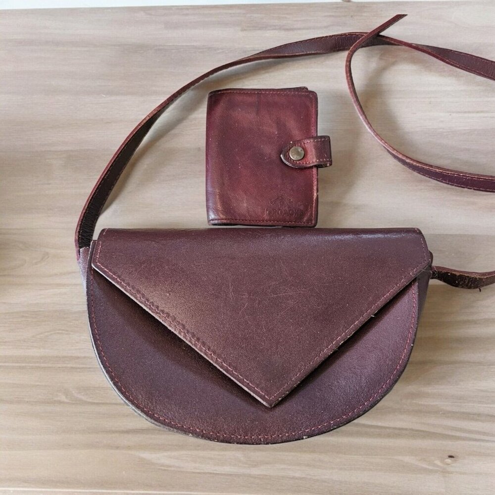 Vintage 80s Oxblood Leather Saddle Bag Purse W Wallet Half Moon Brazil Boho